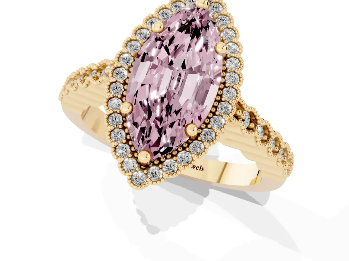 Fancy Pink Marquise Cut Cut Halo Pavé Solitaire Ring with Milgrain Band Yellow gold
