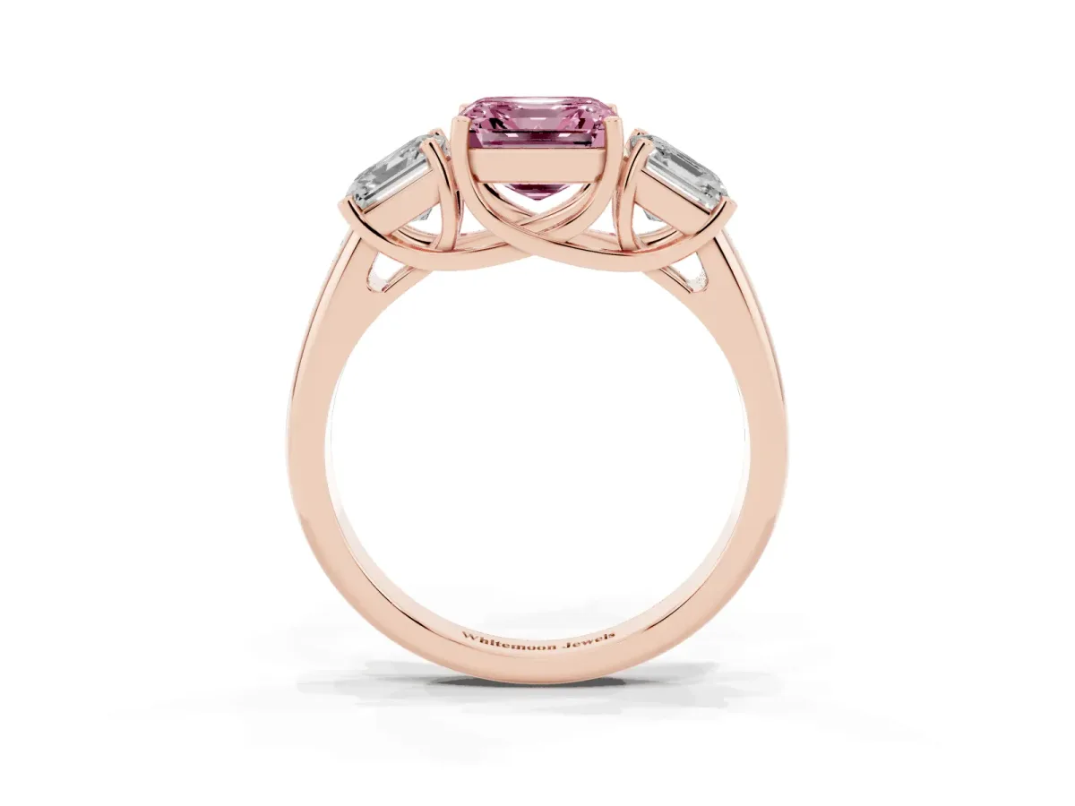 Fancy Pink Three-Stone Asscher Cut Diamond Engagement Ring with Prong Setting Rose gold