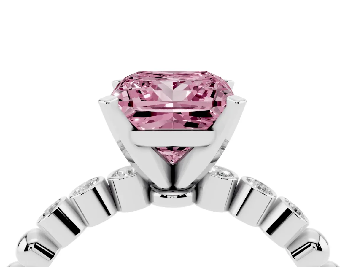 Fancy Pink Princess Cut Solitaire Bezel Accent Diamond Engagement Ring with Beaded Band and Four-Prong Setting Silver