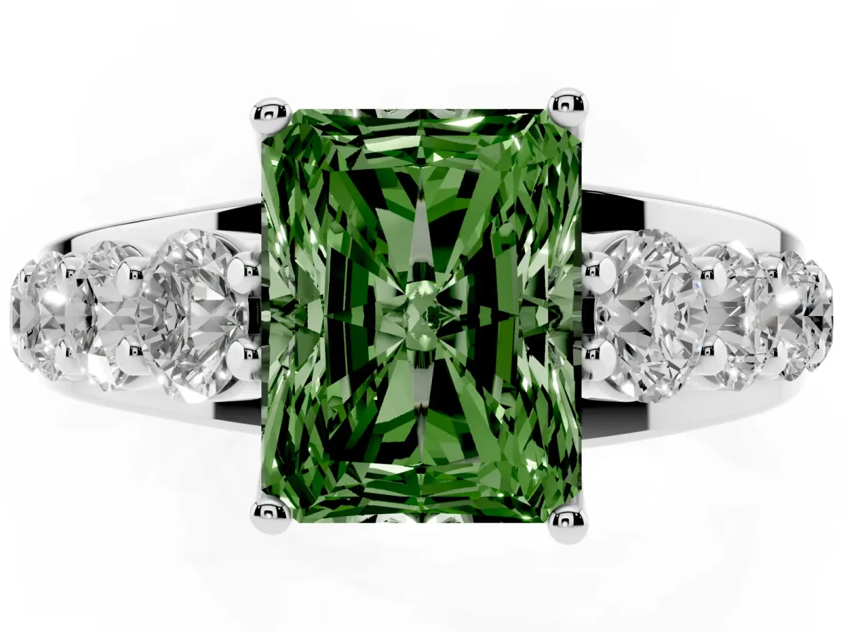 Fancy Green Radiant Cut Diamond Engagement Ring with Pavé Band and Four-Prong Setting Silver