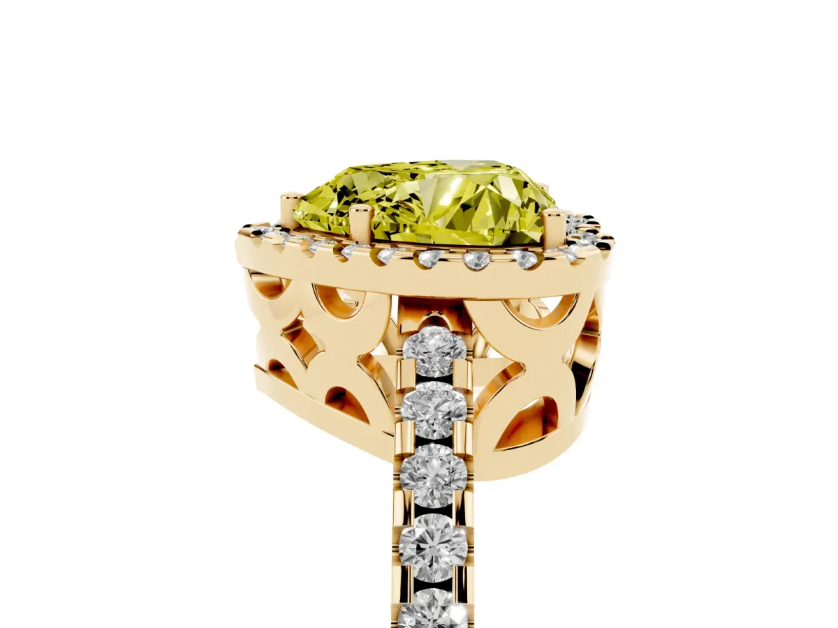Fancy Yellow Heart Cut Diamond Halo Engagement Ring with Pavé Band and Prong Setting Yellow gold