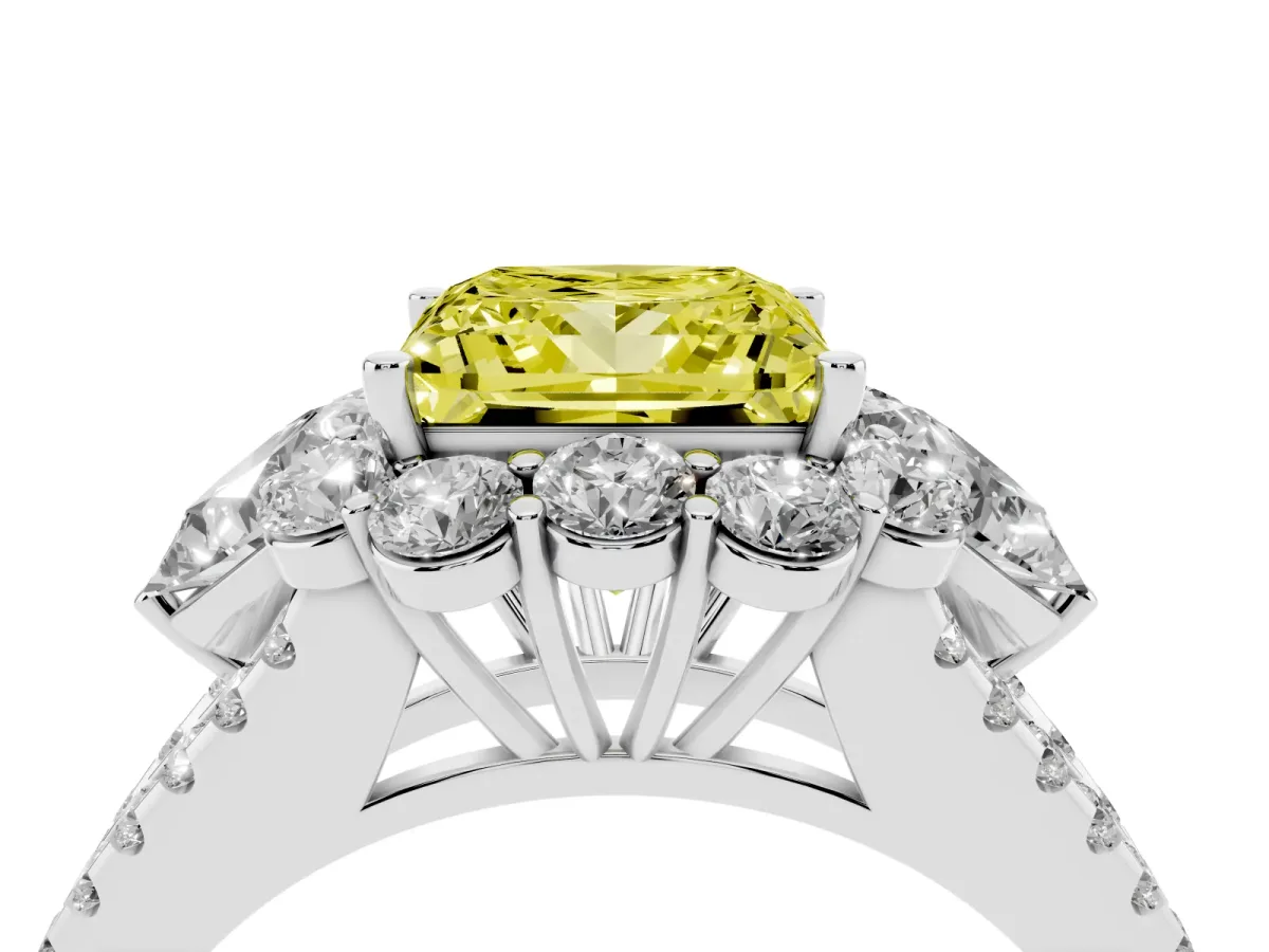 Fancy Yellow Princess Cut Halo Split Shank Diamond Engagement Ring with Prong Setting White gold