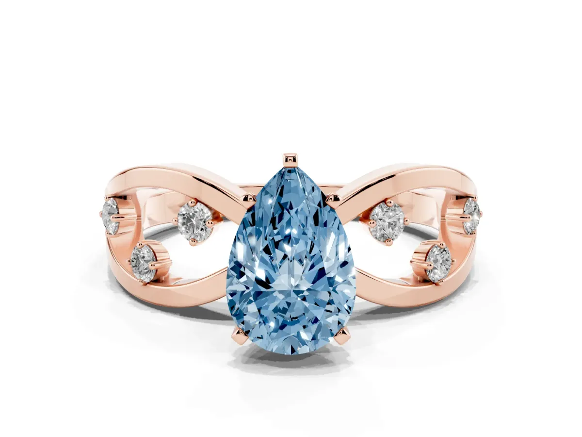 Fancy Blue Pear Cut Cut Solitaire Diamond with Side Stones on Criss-Cross Band and Four-Prong Setting Rose gold
