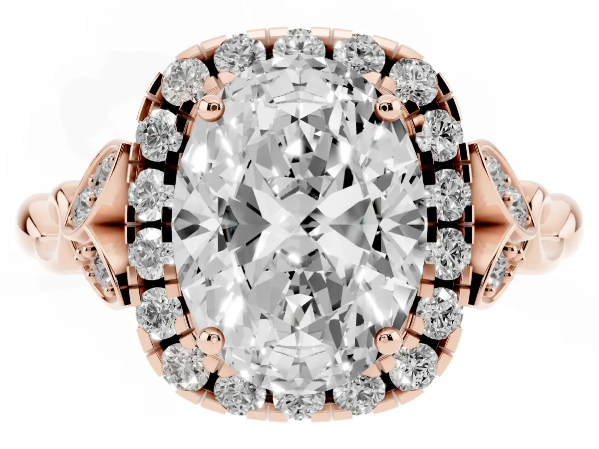 Oval Cut Halo Diamond Engagement Ring with Vintage-Inspired Band and Four-Prong Setting Rose gold