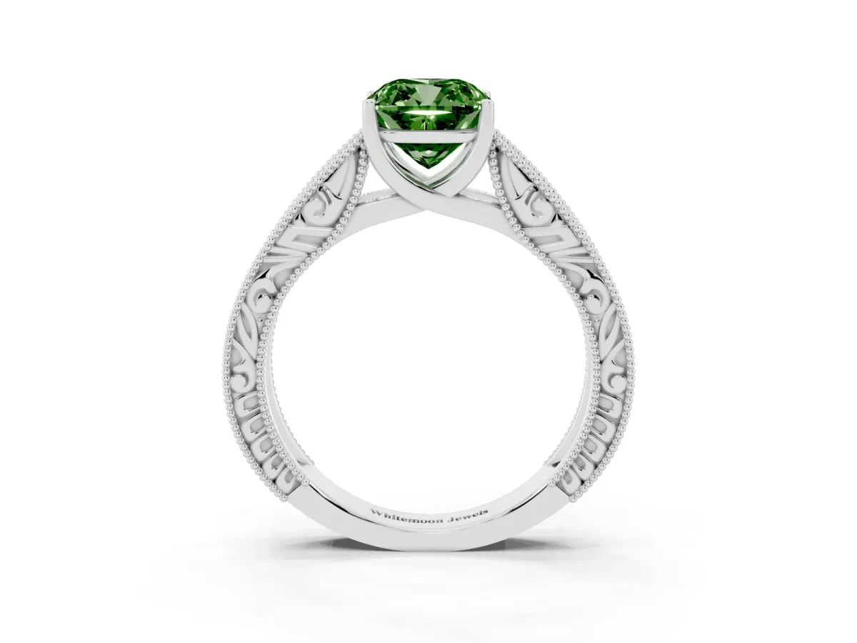 Fancy Green Cushion Cut Diamond Solitaire Ring with Engraved Band and Four-Prong Setting White gold