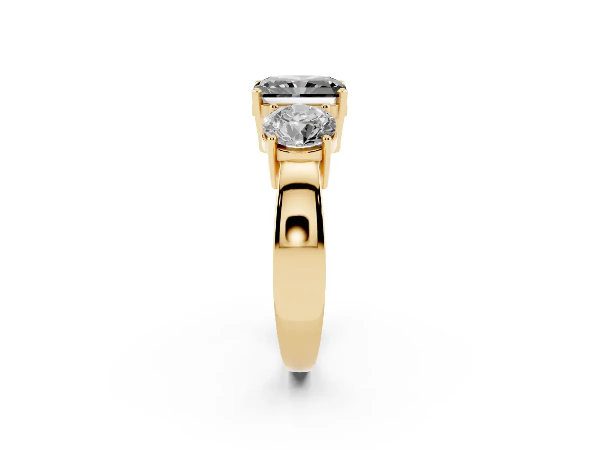Fancy Black Three-Stone Radiant Cut Diamond Ring with Round Side Stones, Classic Band, and Four-Prong Setting Yellow gold