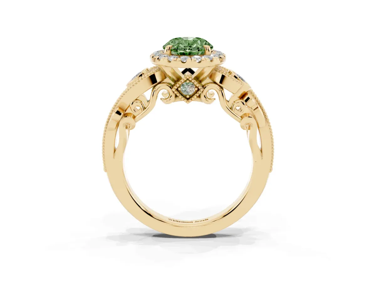 Fancy Green Oval Cut Halo Diamond Ring with Milgrain and Bezel Accents on a Split Shank Band Yellow gold