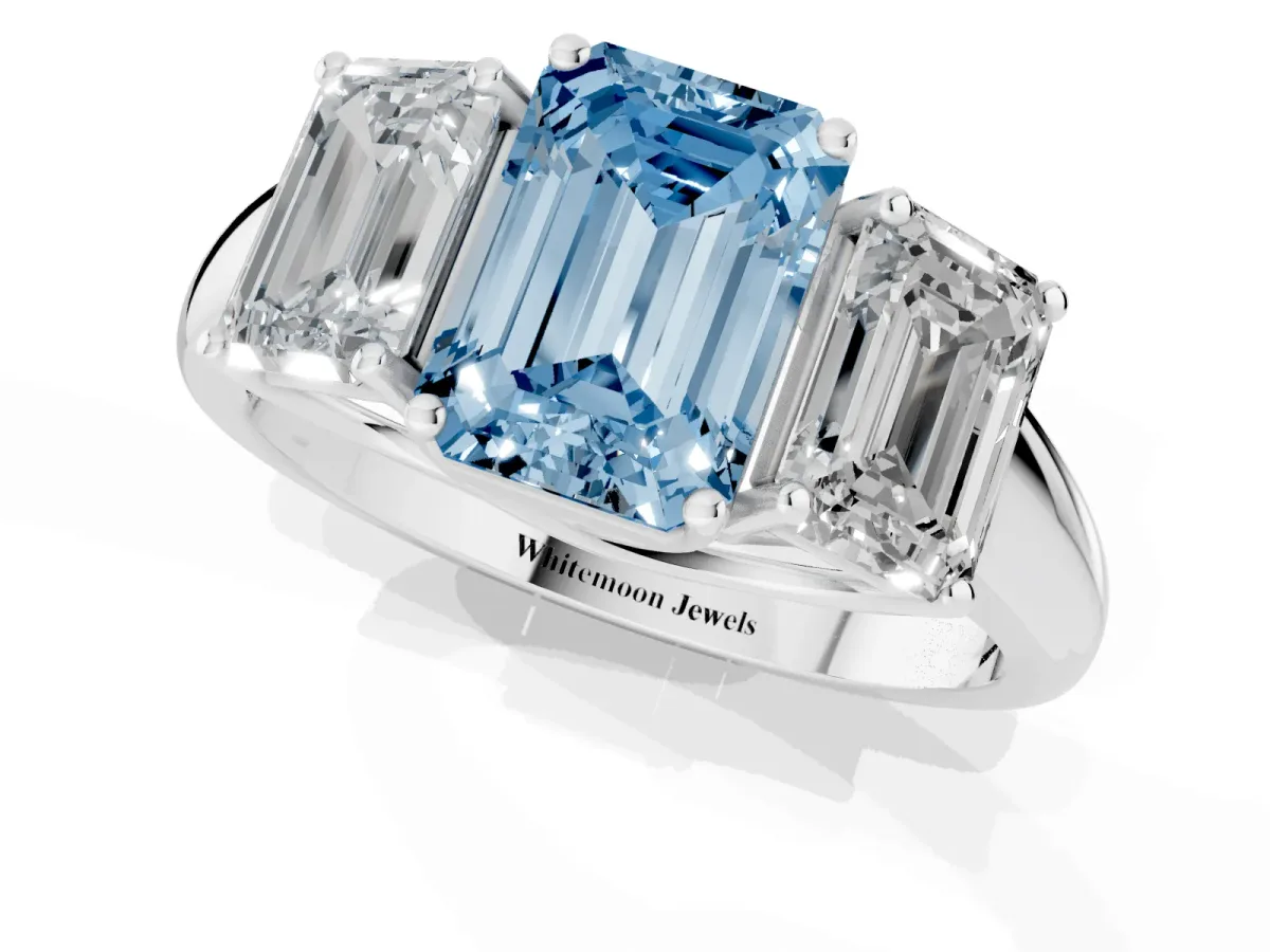 Fancy Blue Three-Stone Emerald Cut Diamond Engagement Ring with Prong Setting Silver