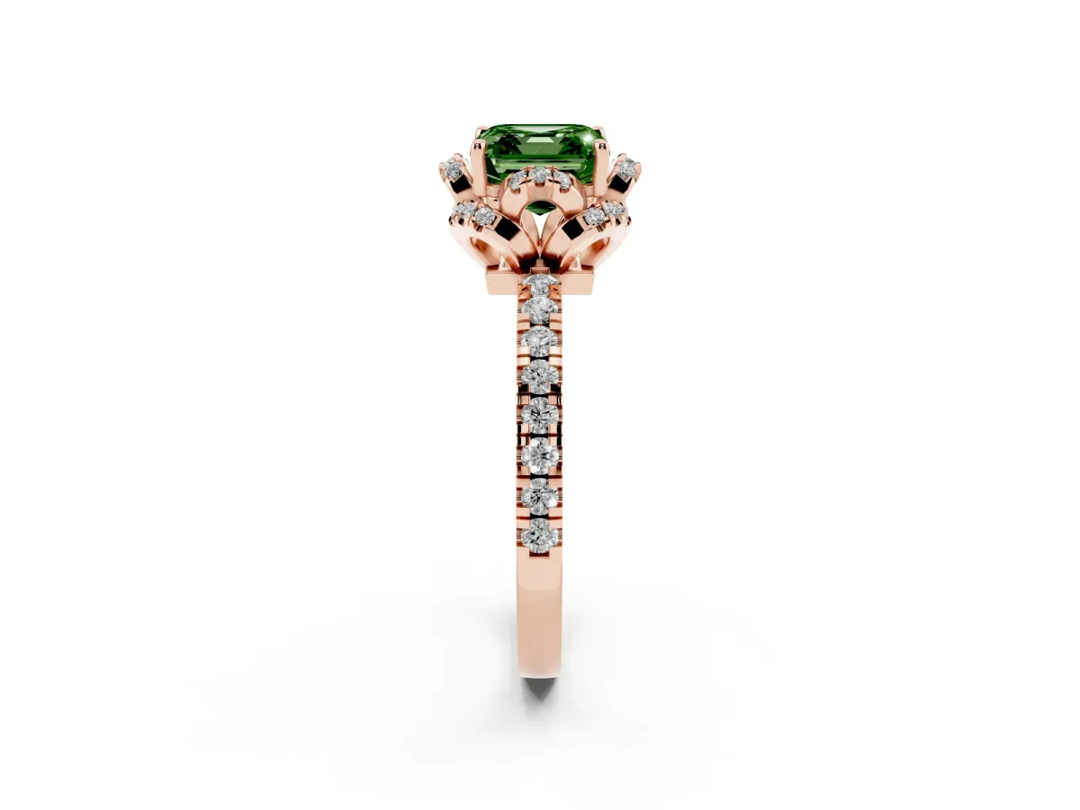 Fancy Green Asscher Cut Diamond Halo Pave Band with Four-Prong Setting Rose gold
