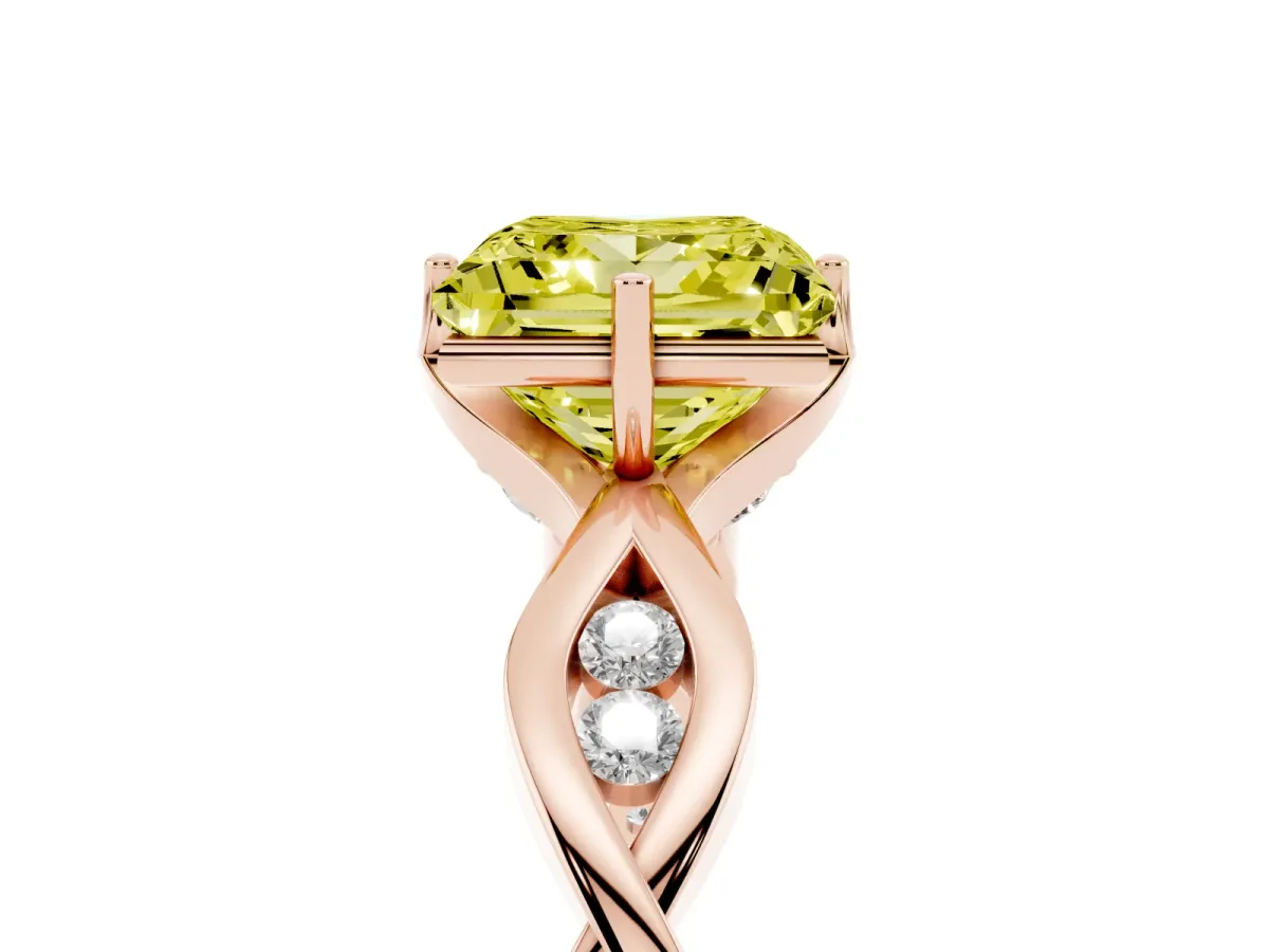 Fancy Yellow Princess Cut Solitaire Twist Band with Leaf Prong Setting Rose gold
