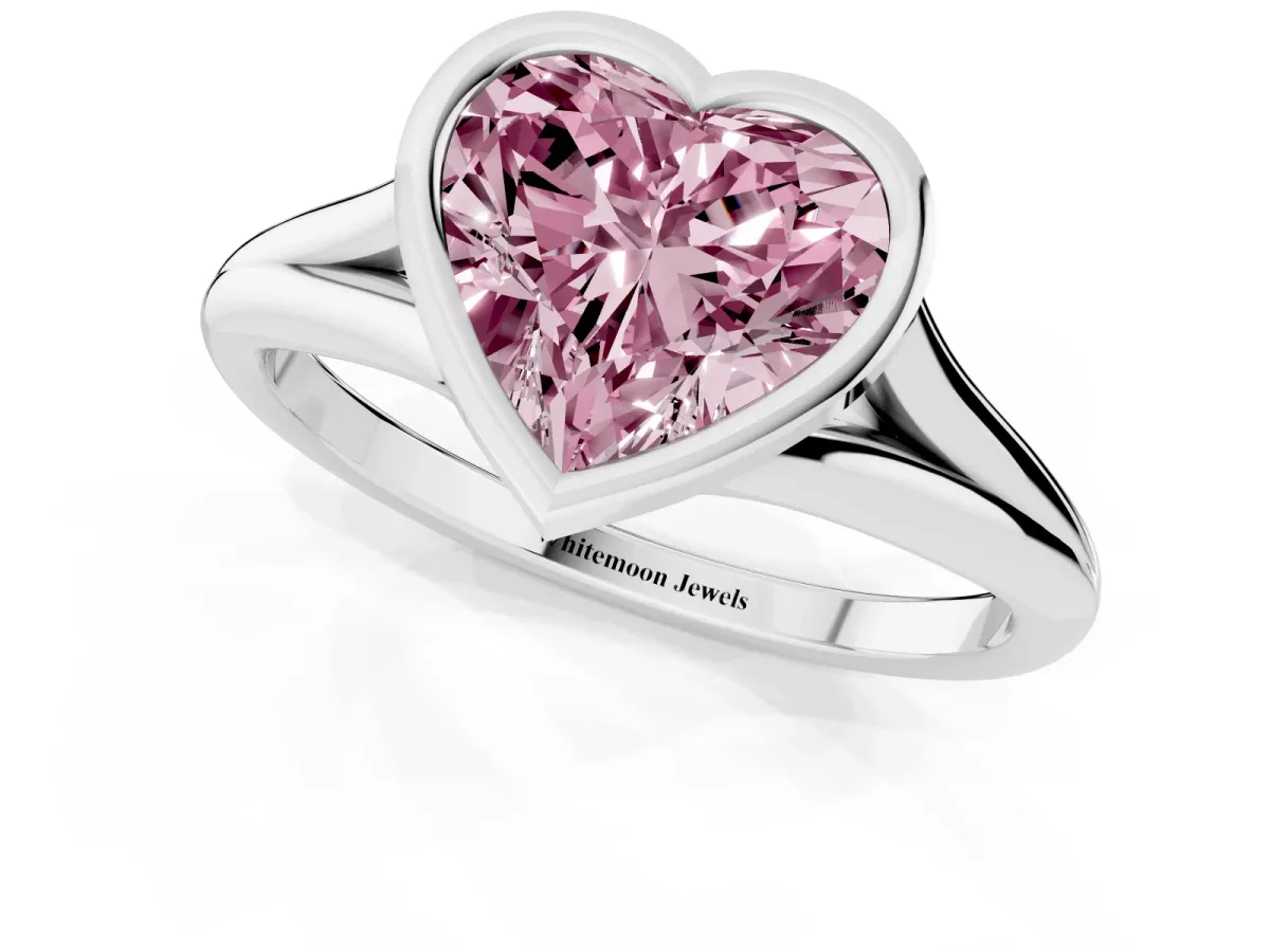 Fancy Pink Bezel Set Heart Cut Cut Solitaire Ring with Tapered Band Silver