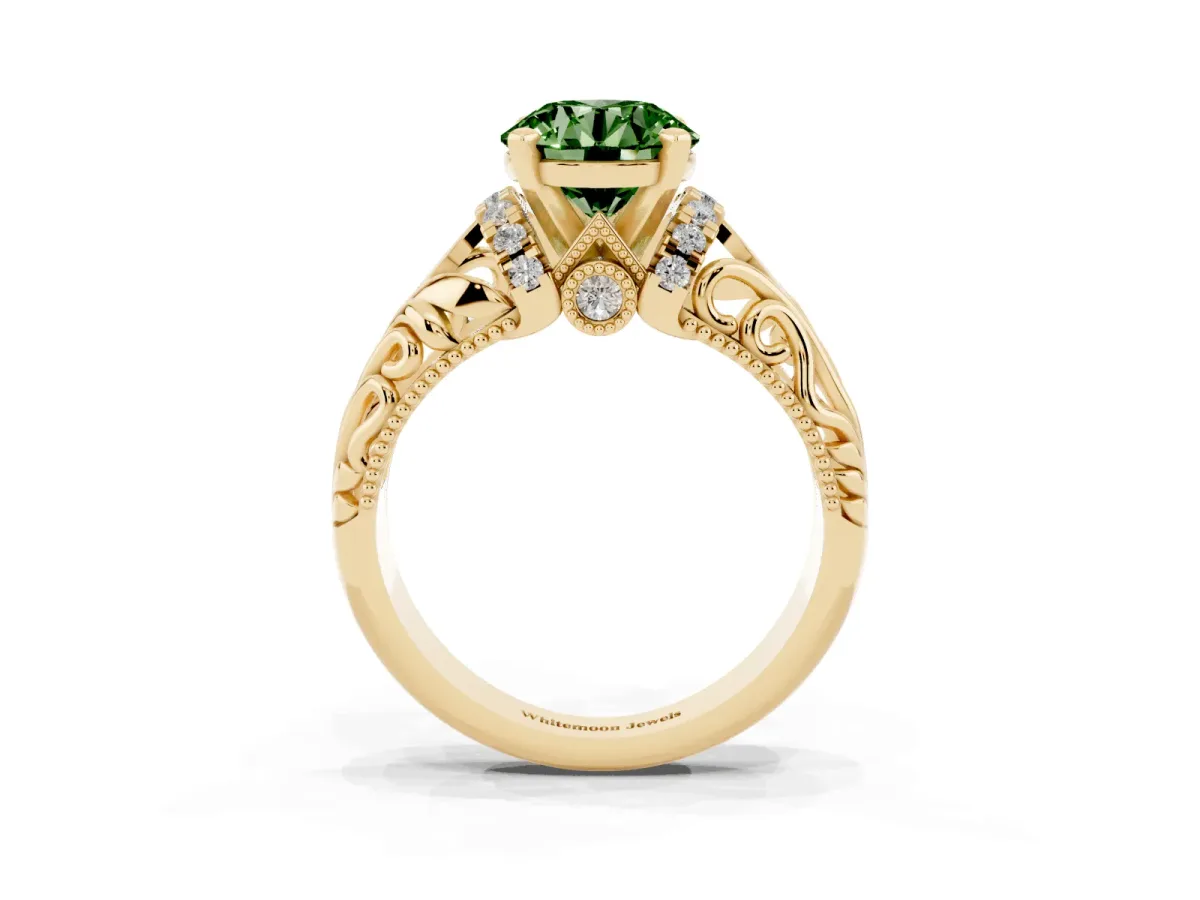 Fancy Green Round Cut Solitaire Filigree Engagement Ring with Halo and Prong Setting Yellow gold
