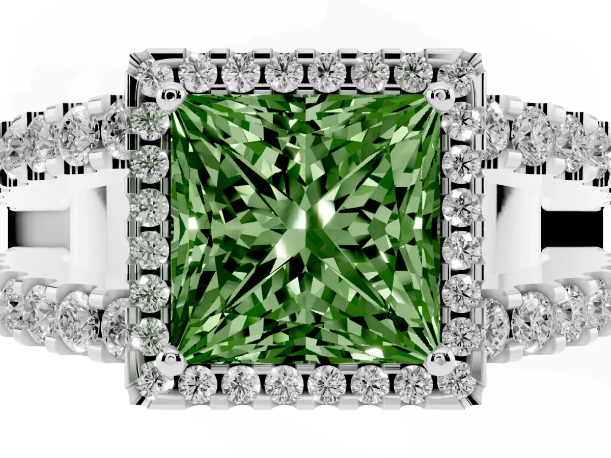Fancy Green Princess Cut Cut Halo Split Shank Diamond Ring with Four-Prong Setting Platinum