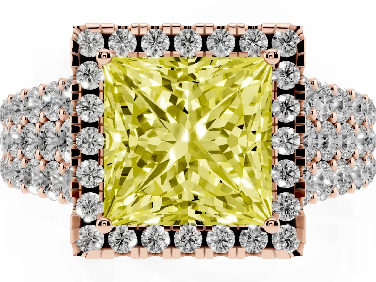 Fancy Yellow Princess Cut Diamond Halo Engagement Ring with Triple Row Round Pavé Band and Prong Setting Rose gold