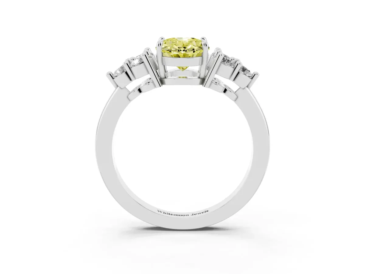 Fancy Yellow Oval Cut Brilliant Diamond Cluster Accent Solitaire Ring with Prong Setting White gold
