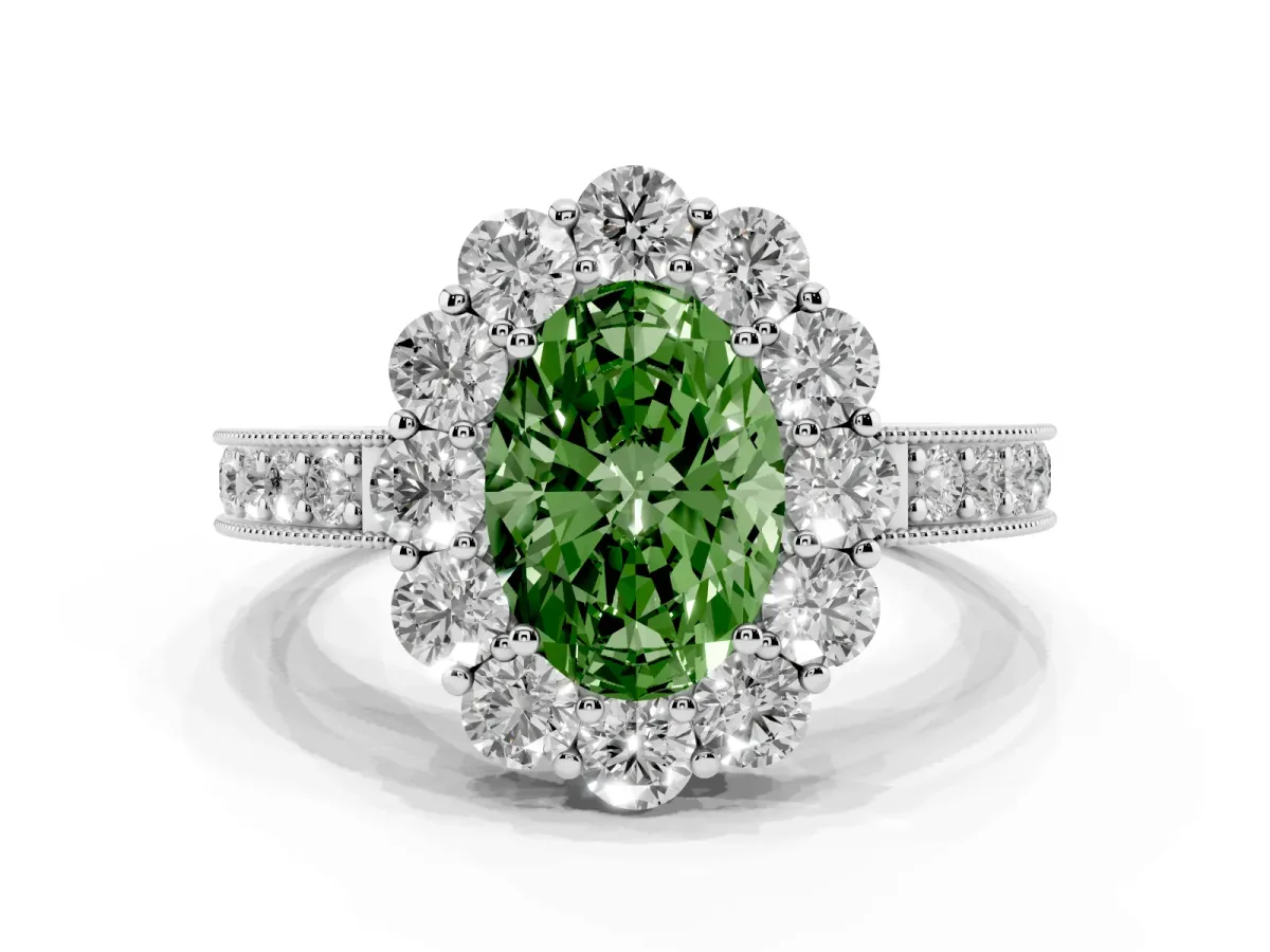 Fancy Green Oval Cut Cut Halo Diamond Pavé Engagement Ring with Milgrain Detailing Silver