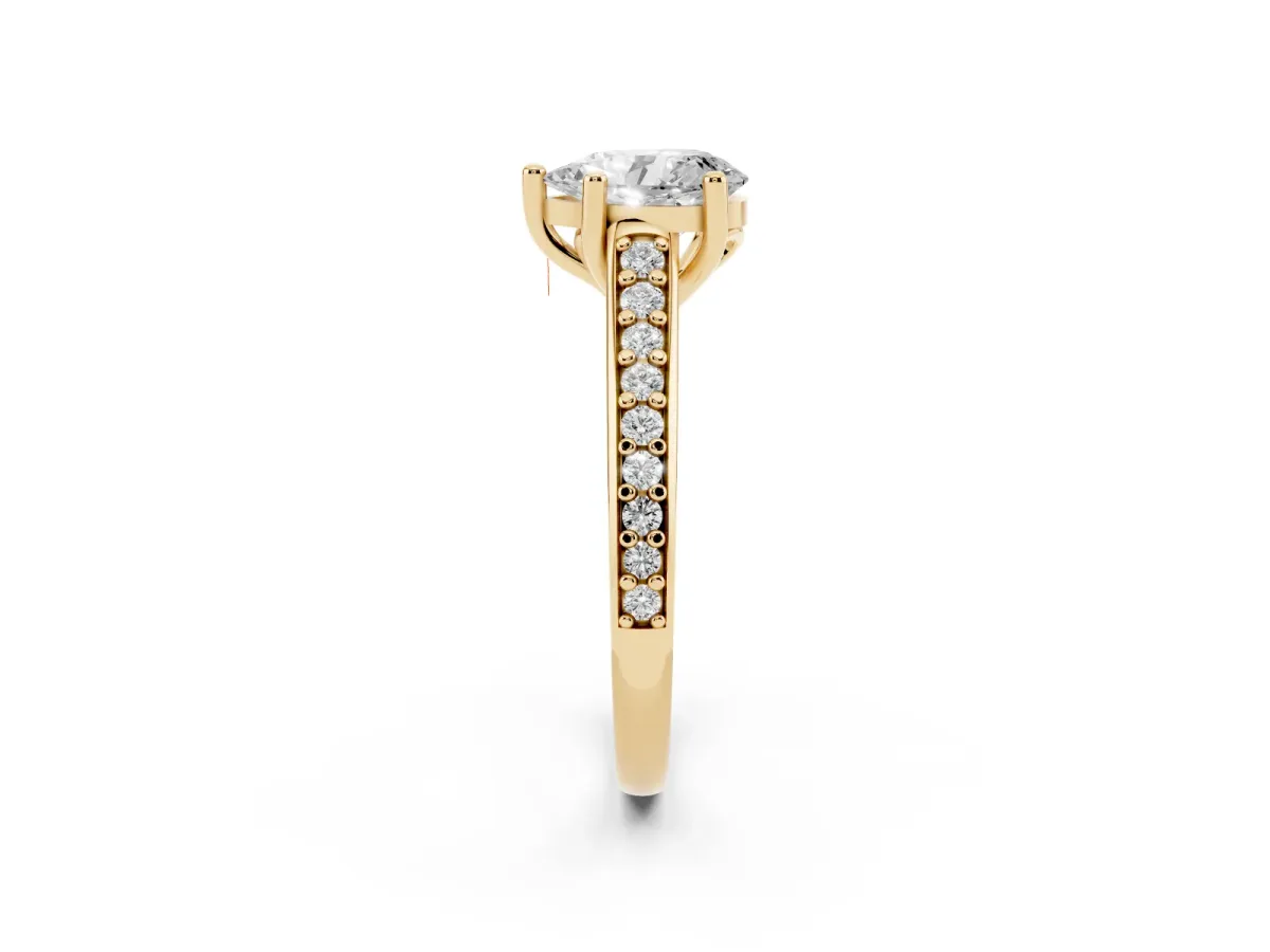 Pear Cut Solitaire Prong Set Diamond Engagement Ring with Pave Band Yellow gold