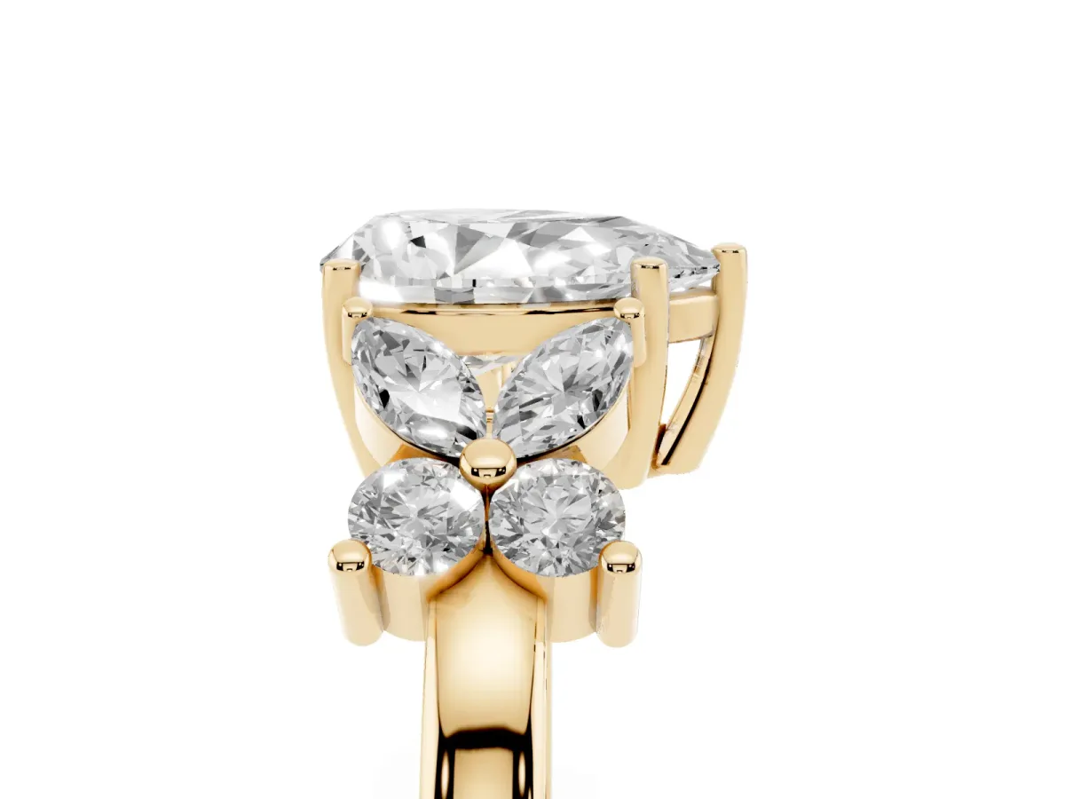 Pear Cut Diamond Floral Cluster Ring with Solitaire Band and Prong Setting Yellow gold