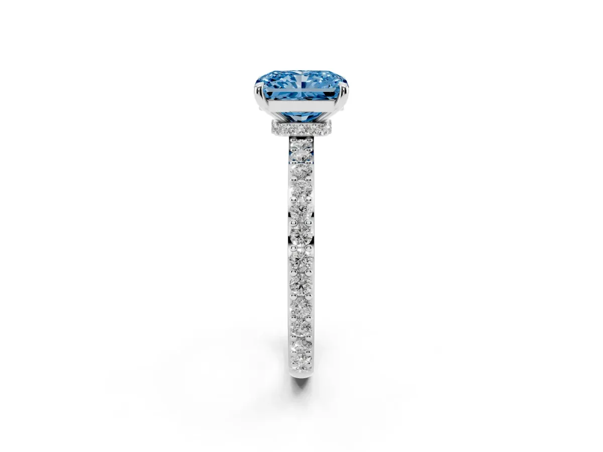 Fancy Blue Radiant Cut Diamond Pavé Engagement Ring with Round Accents and Prong Setting Silver