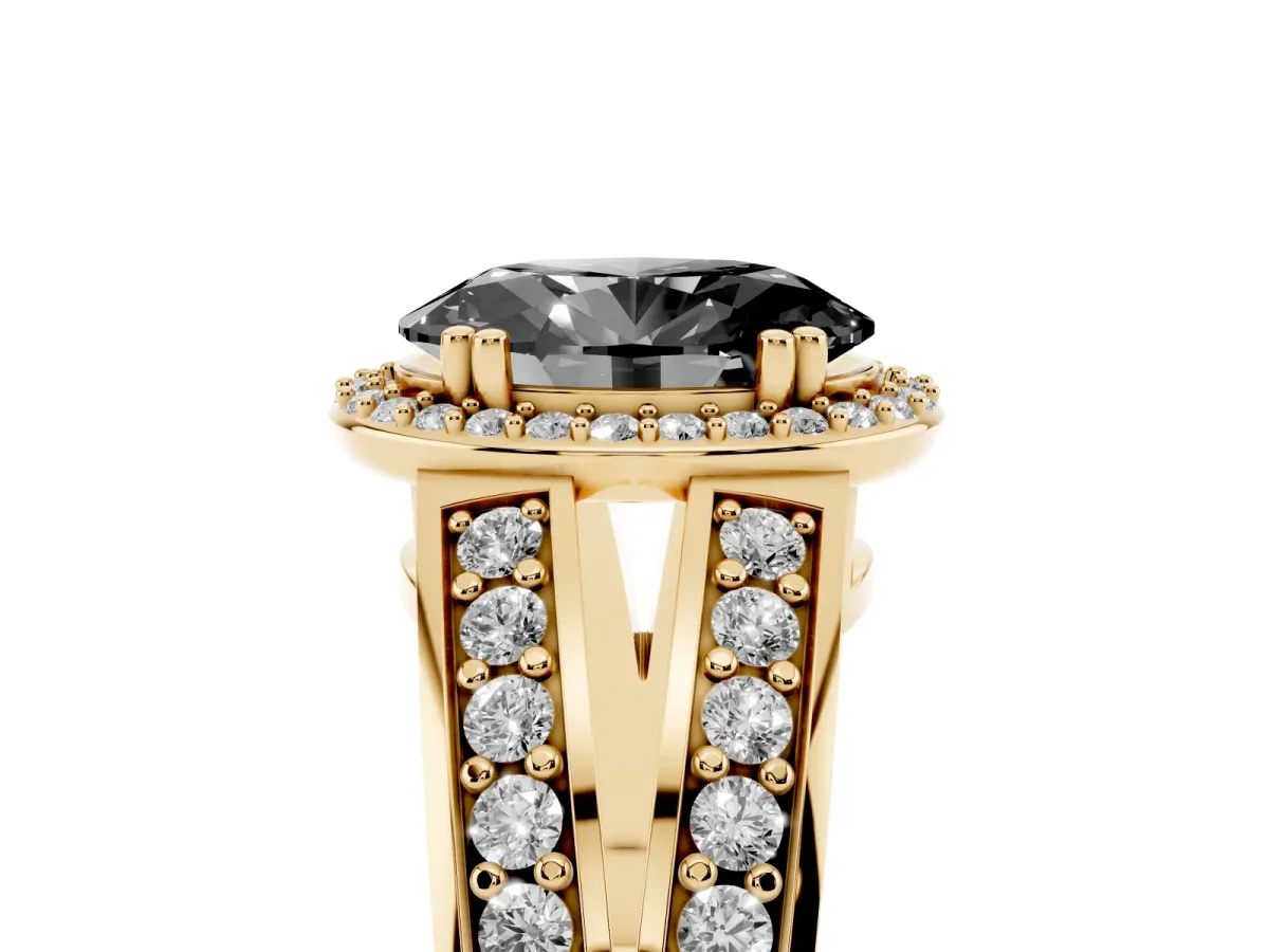 Fancy Black Oval Cut Diamond Halo Ring with Split Shank Pavé Band and Four-Prong Setting Yellow gold