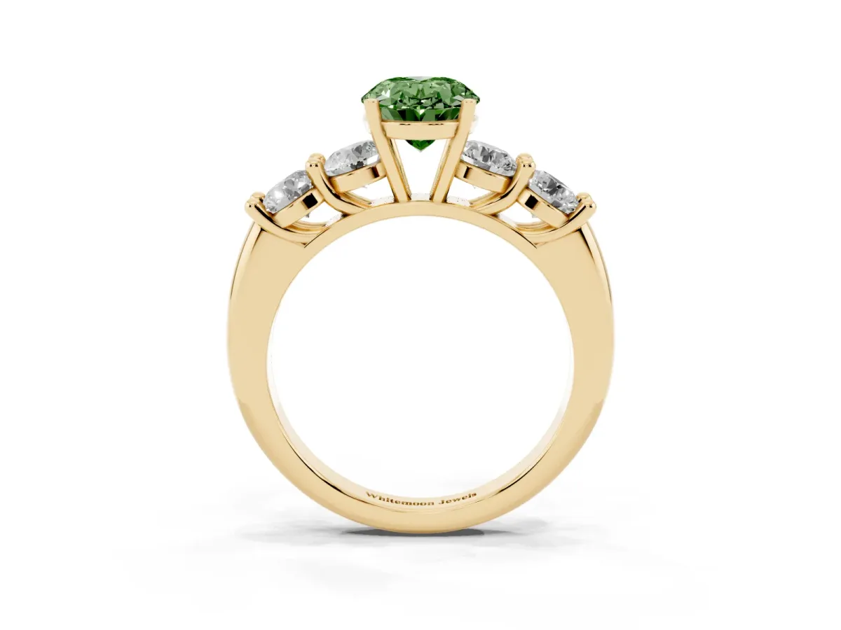 Fancy Green Oval Cut Cut Five-Stone Prong Set Diamond Ring with Classic Band Yellow gold