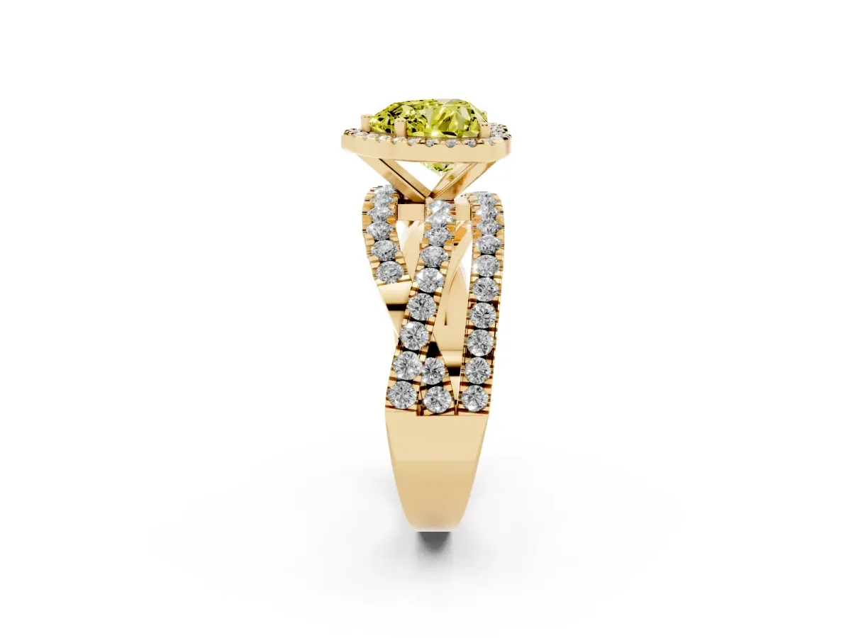 Fancy Yellow Heart Cut Diamond Halo Ring with Round Split Shank and Prong Setting Yellow gold