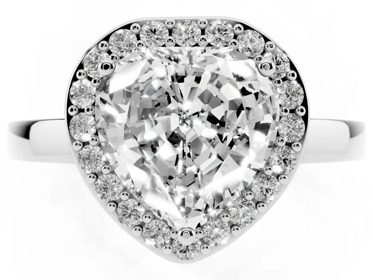 Heart Cut Halo Diamond Ring with Solitaire Band and Prong Setting Silver