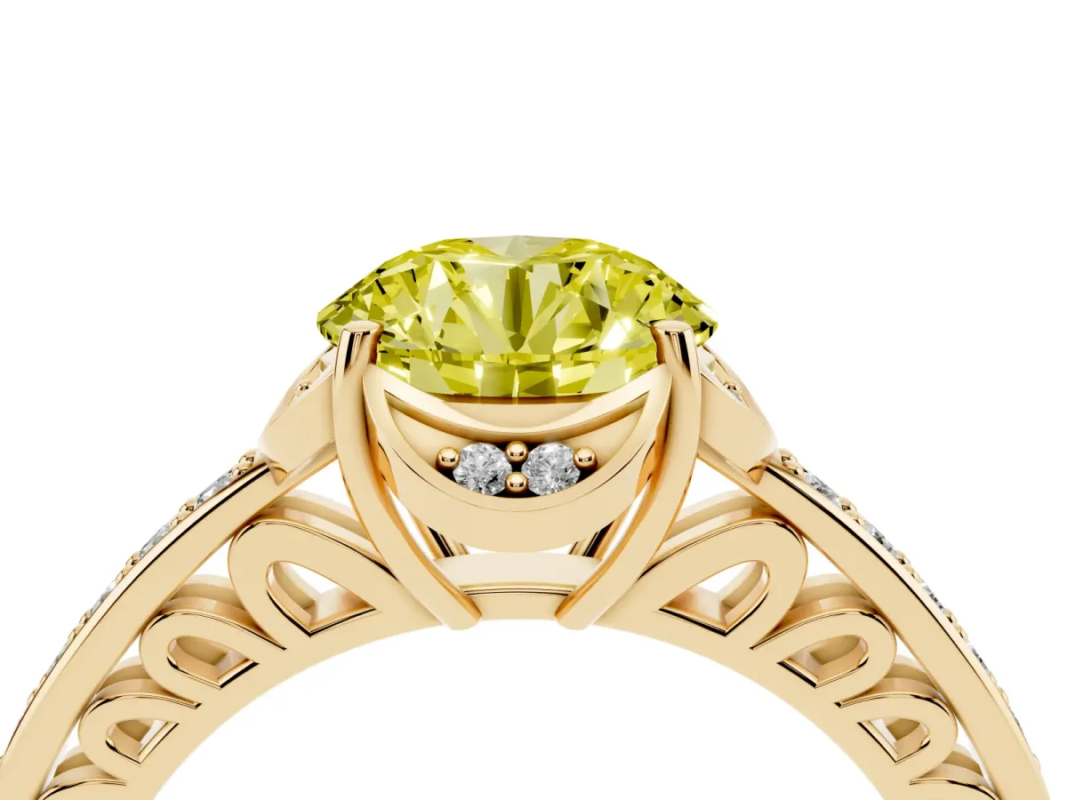 Fancy Yellow Round Cut Cut Halo Diamond Ring with Channel Set Band and Four-Prong Setting Yellow gold