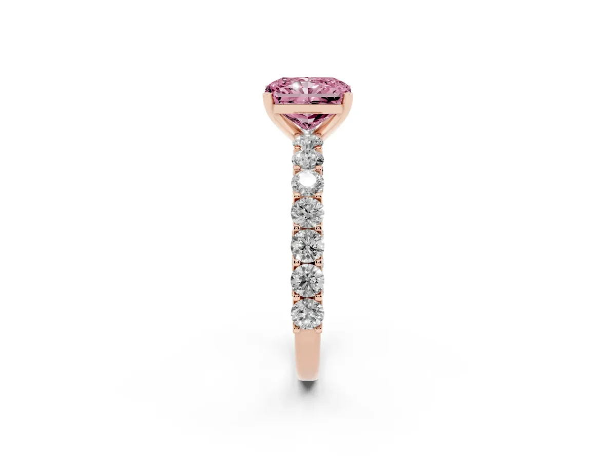 Fancy Pink Radiant Cut Diamond Solitaire Ring with Shared Prong Pavé Band and Four-Prong Setting Rose gold