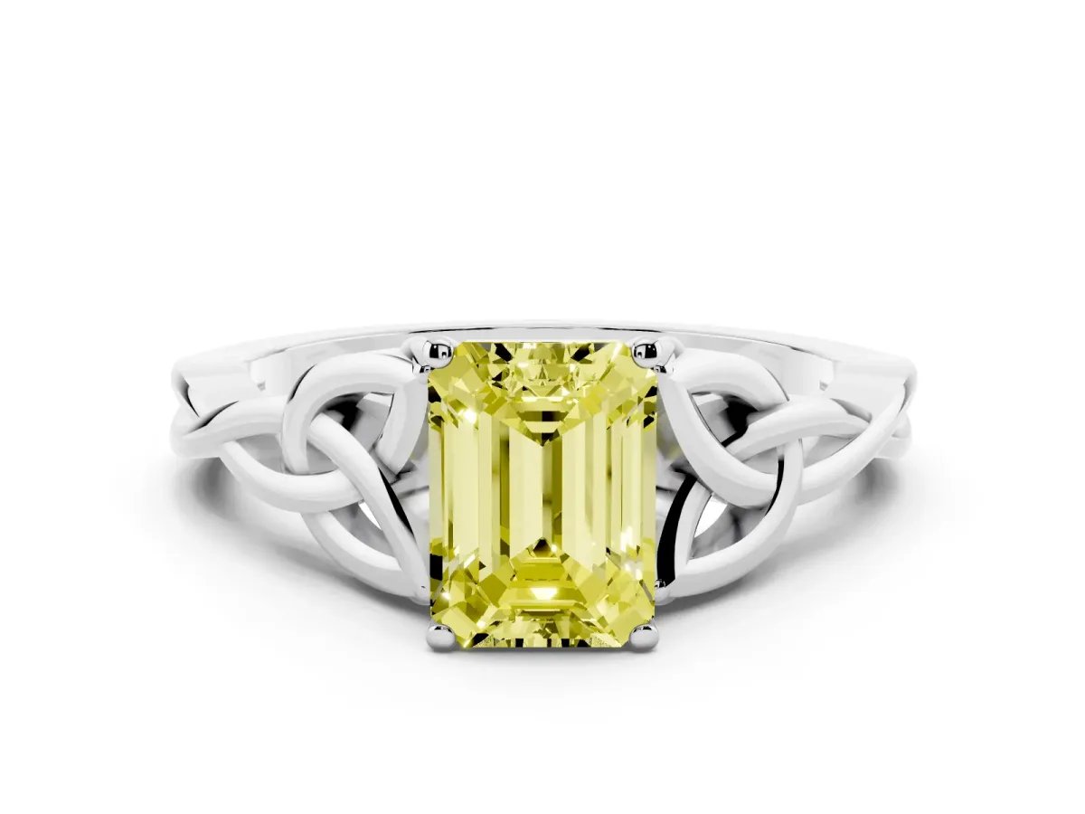 Fancy Yellow Emerald Cut Diamond Solitaire Engagement Ring with Celtic Knot Band and Four-Prong Setting Silver