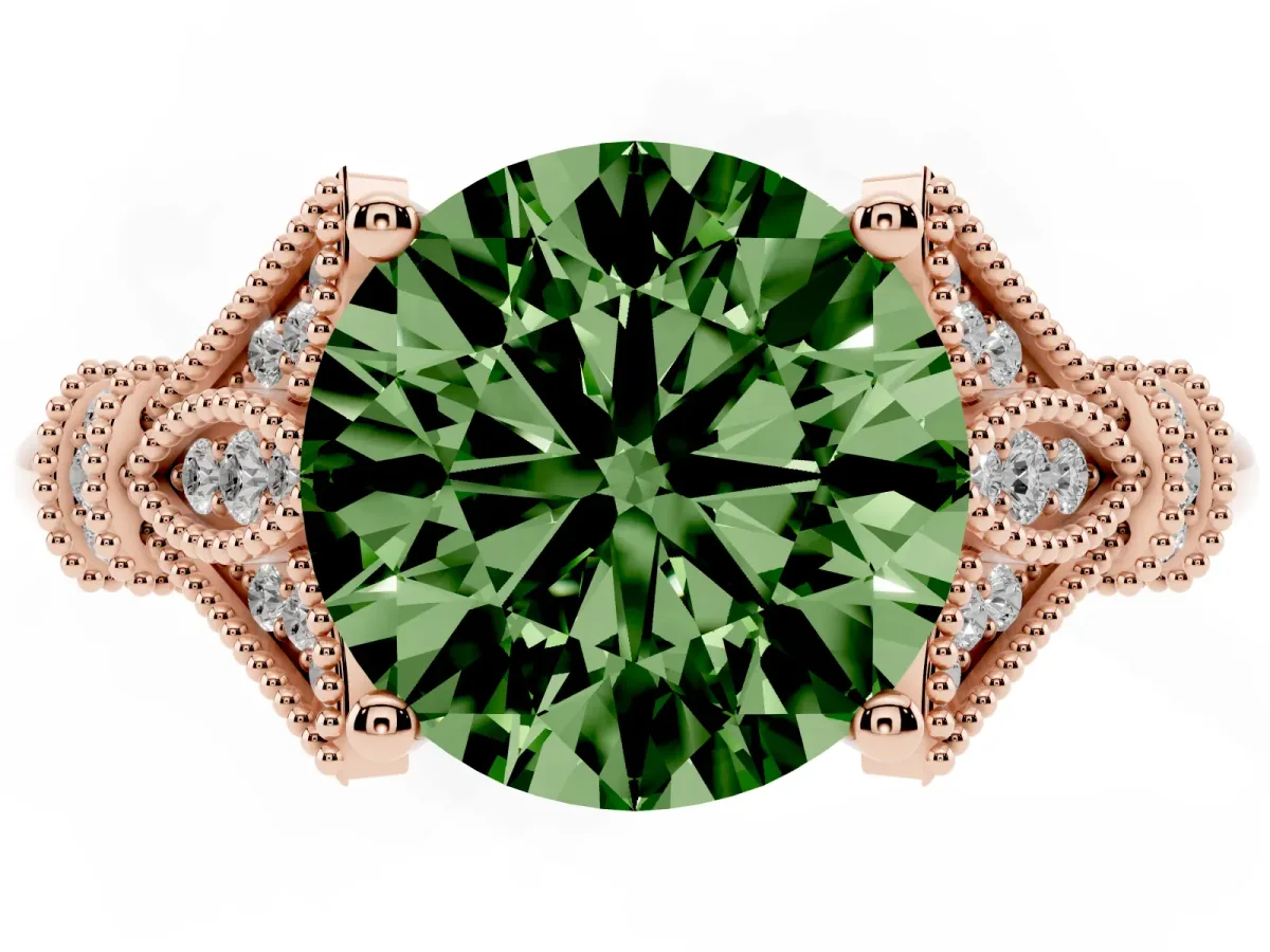 Fancy Green Round Cut Diamond Solitaire Ring with Floral Filigree and Pave Accents Rose gold