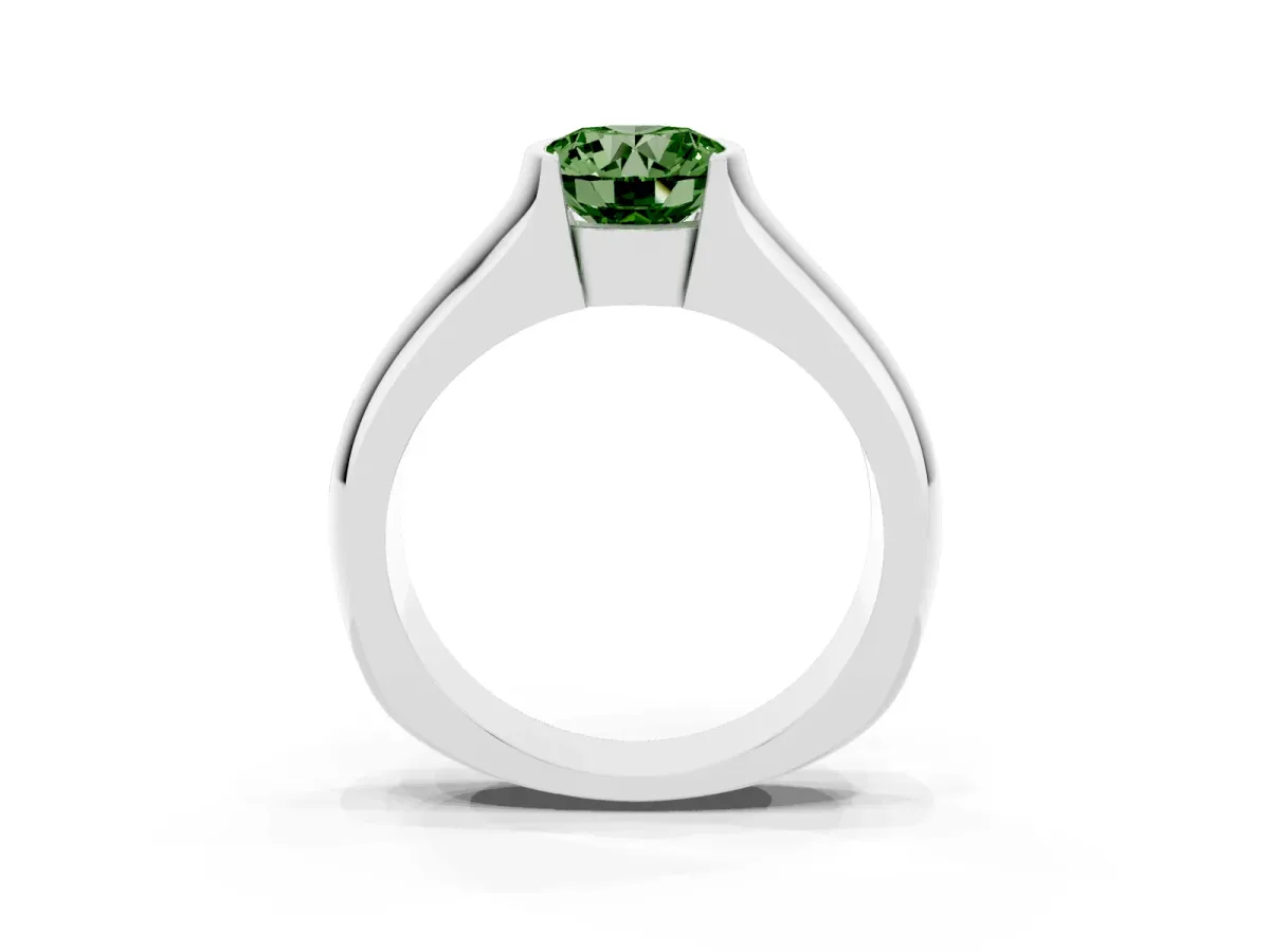 Fancy Green Round Cut Solitaire Bezel Set Diamond Ring with Wide Band Silver