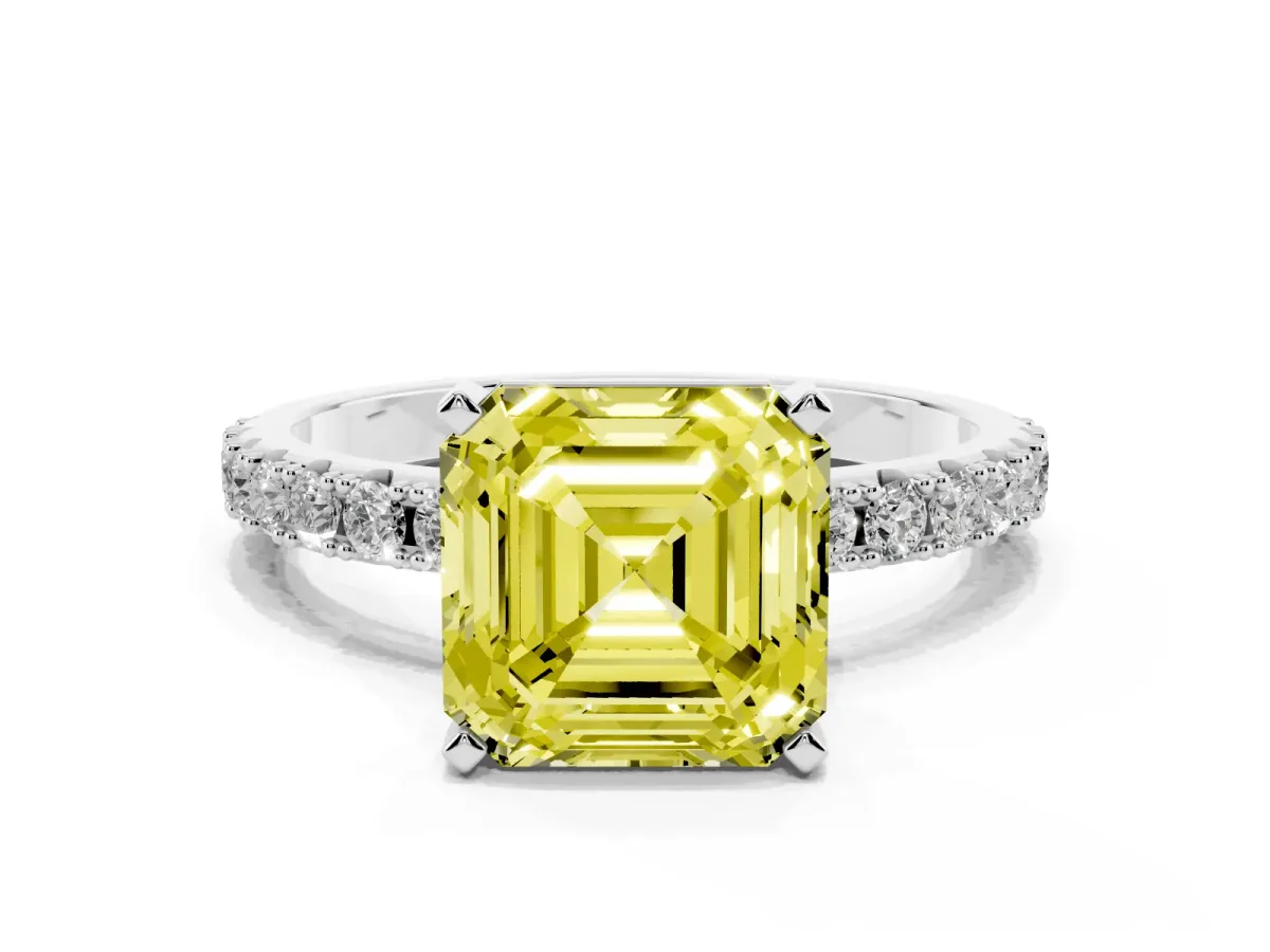 Fancy Yellow Asscher Cut Diamond Solitaire Pavé Band with Four-Prong Setting Silver