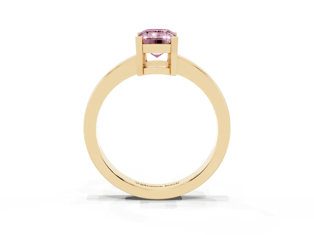 Fancy Pink Emerald Cut Cut Solitaire Ring with Four-Prong Setting and Classic Band Yellow gold