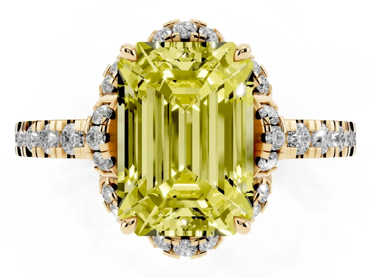 Fancy Yellow Emerald Cut Halo Diamond Pave Band Ring with Four-Prong Setting Yellow gold