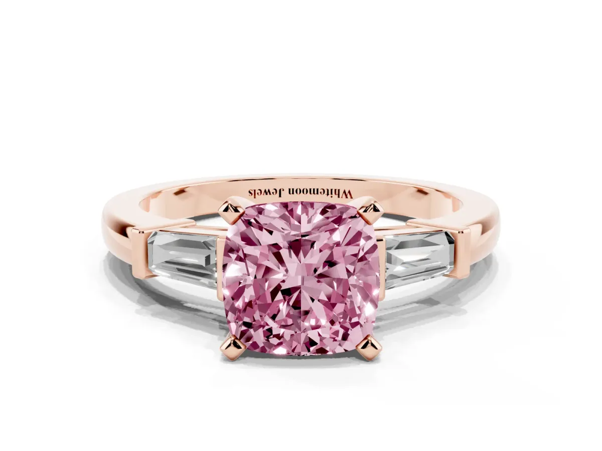 Fancy Pink Cushion Cut Cut Diamond Solitaire Ring with Tapered Baguette Accents and Four-Prong Setting Rose gold