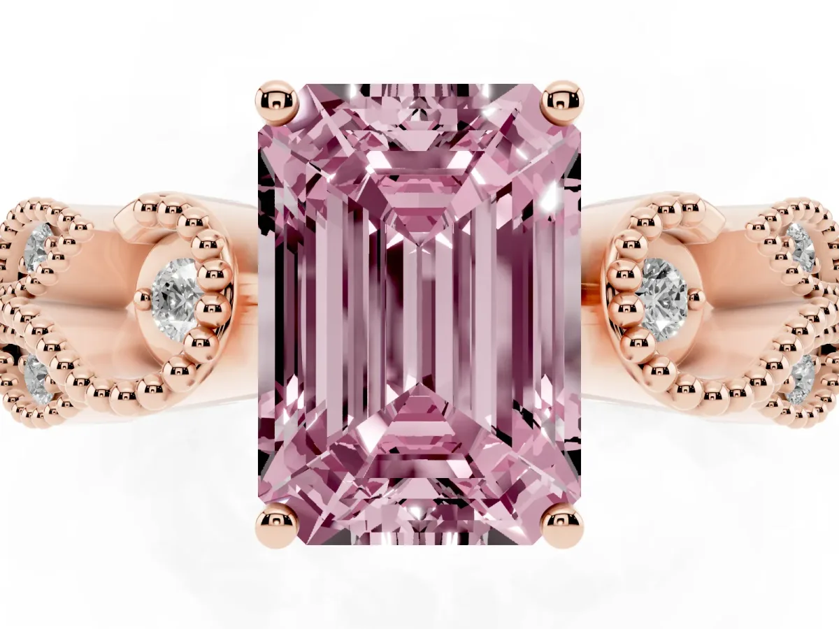 Fancy Pink Emerald Cut Solitaire Milgrain Leaf Band with Prong Setting Rose gold