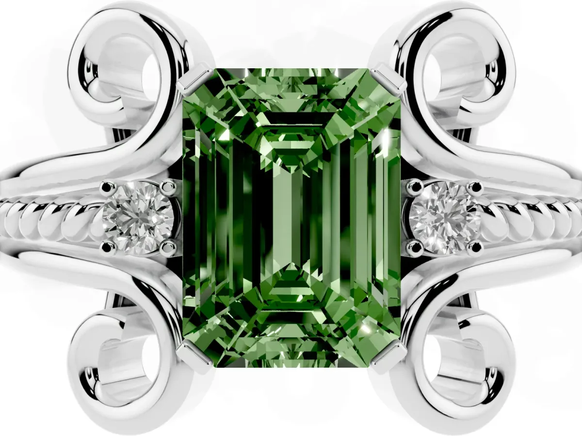 Fancy Green Emerald Cut Solitaire Twisted Band Scroll Prong Ring Silver
