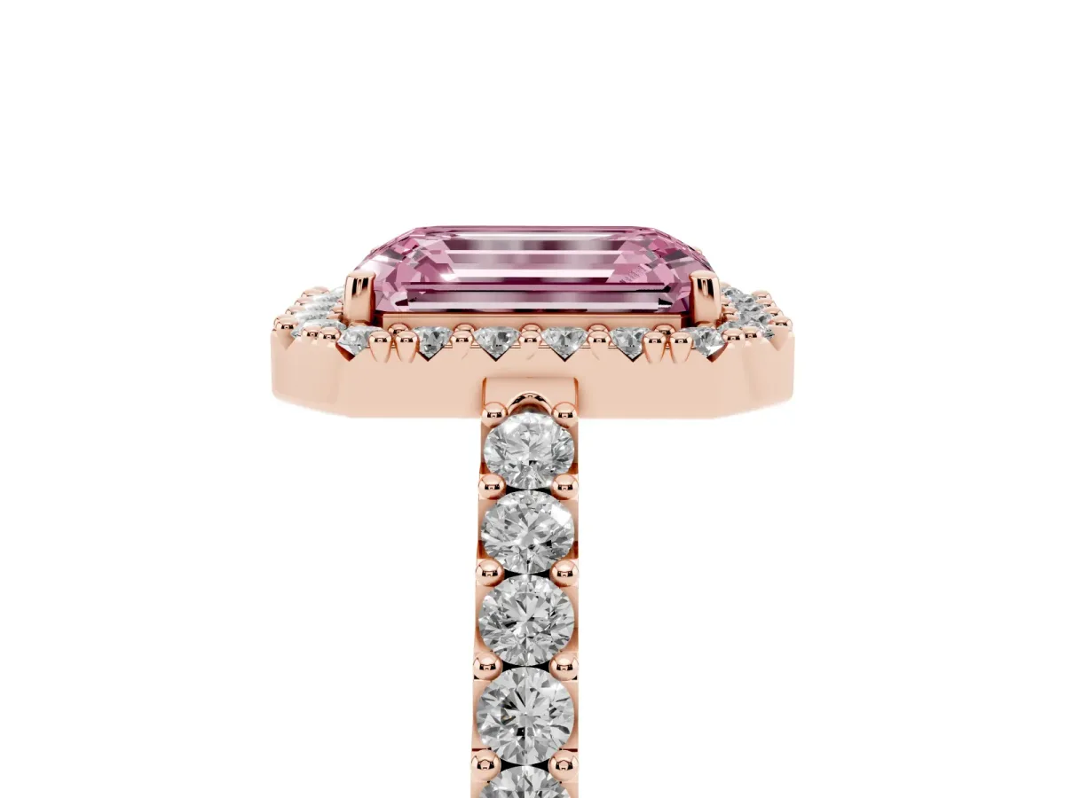 Fancy Pink Emerald Cut Halo Diamond Pavé Solitaire Ring Rose gold