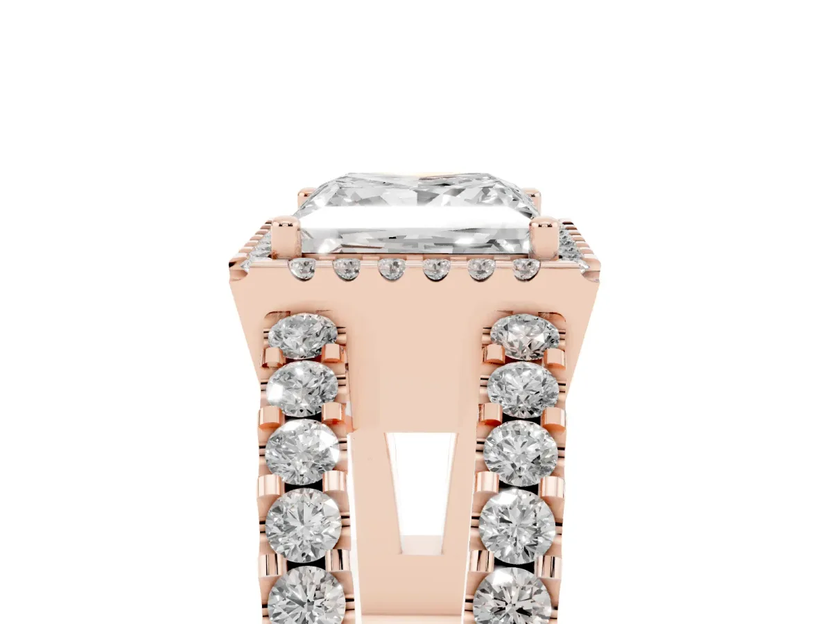 Princess Cut Cut Halo Split Shank Diamond Ring with Four-Prong Setting Rose gold
