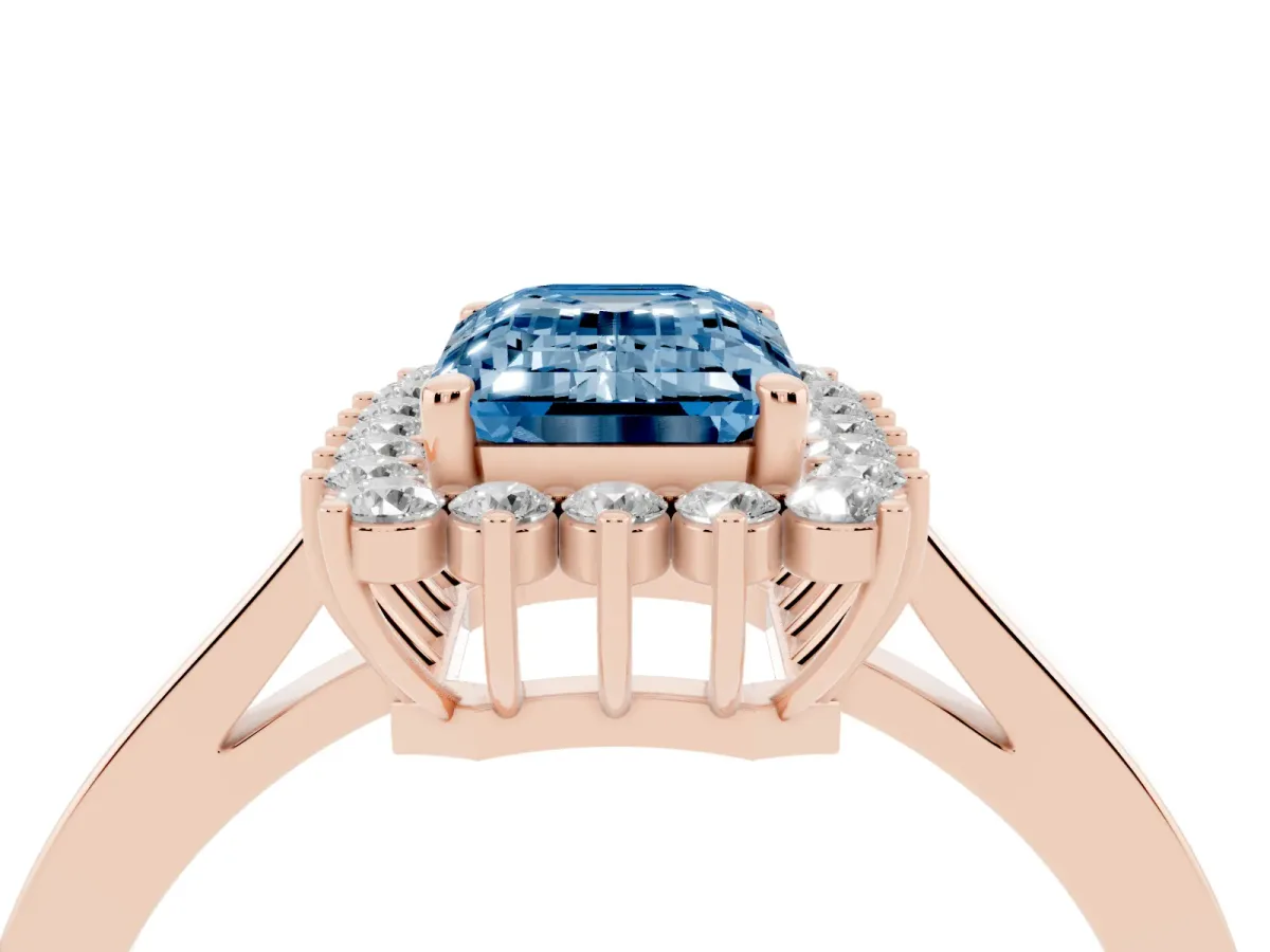Fancy Blue Emerald Cut Cut Diamond Halo Ring with Round Brilliant Halo and Solitaire Band Rose gold