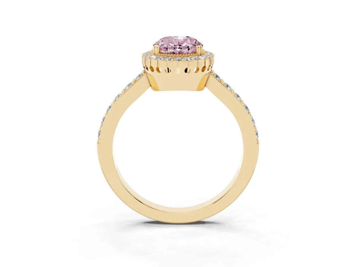 Fancy Pink Oval Cut Cut Diamond Halo Engagement Ring with Milgrain Detail and Pavé Band Yellow gold