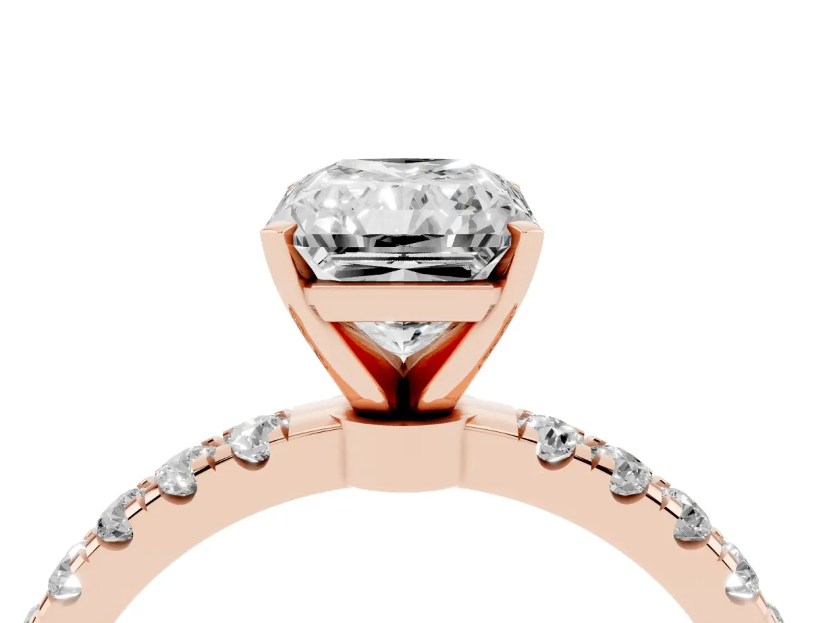 Radiant Cut Diamond Solitaire Ring with Pavé Accents and Four-Prong Setting Rose gold