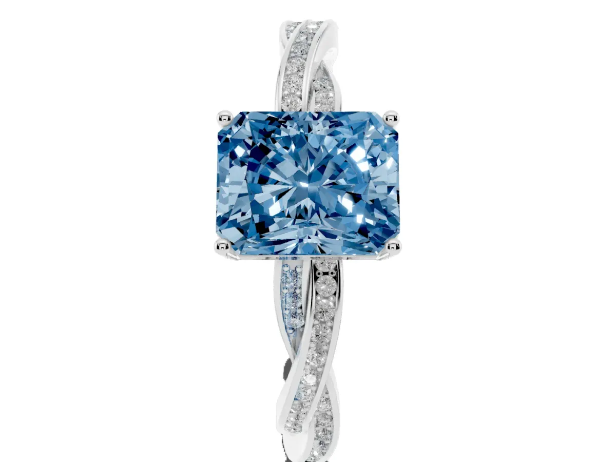 Fancy Blue Radiant Cut Solitaire Twisted Pave Diamond Ring with Four-Prong Setting Silver