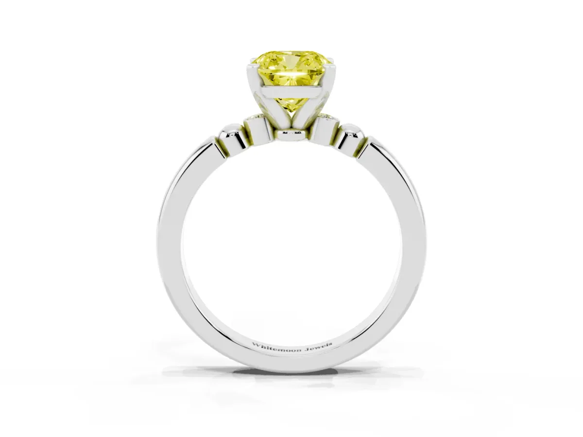 Fancy Yellow Cushion Cut Solitaire Beaded Band with Four-Prong Setting Silver
