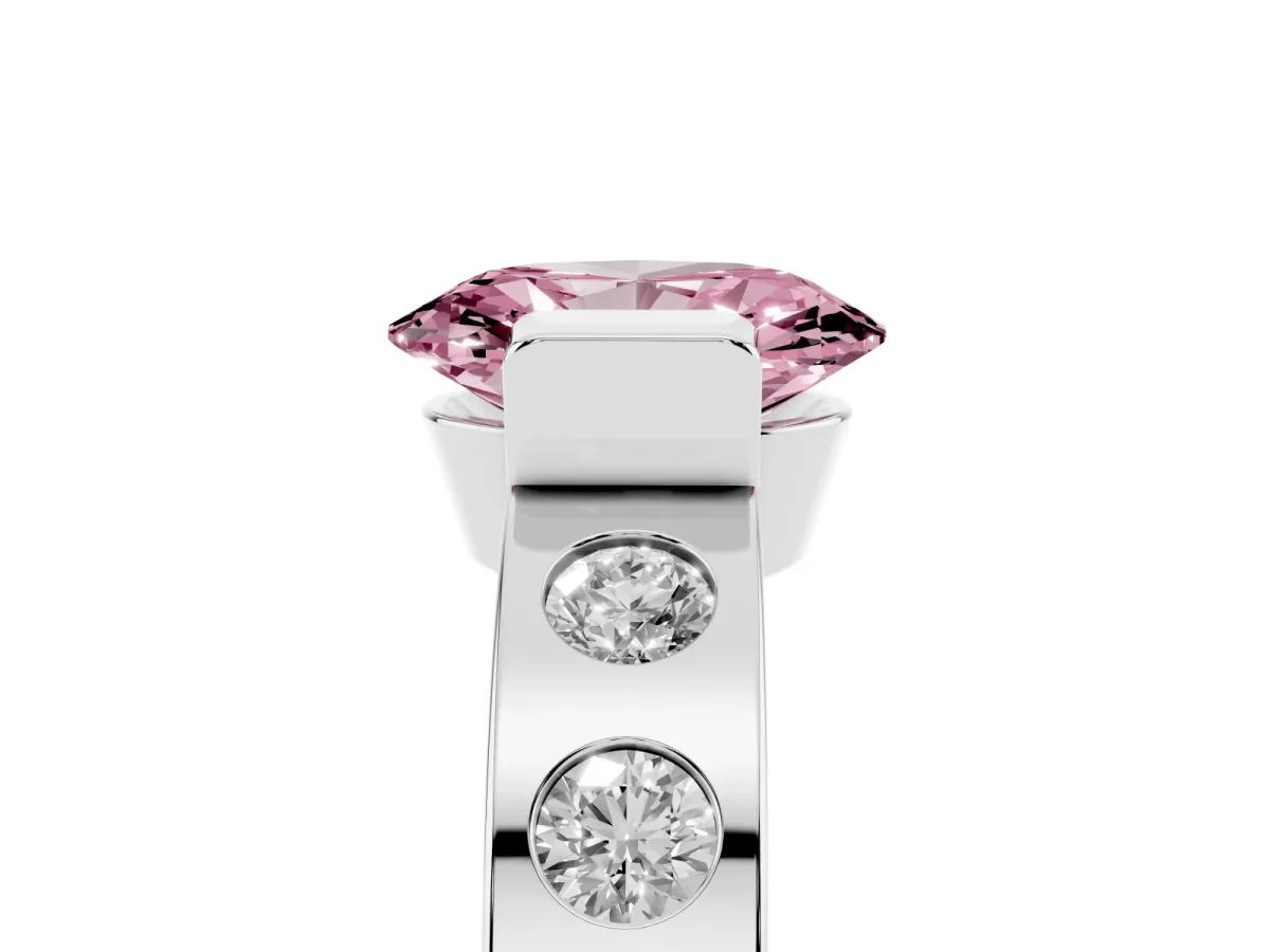Fancy Pink Oval Cut Brilliant Channel-Set Diamond Ring with Bezel Prong Setting Platinum