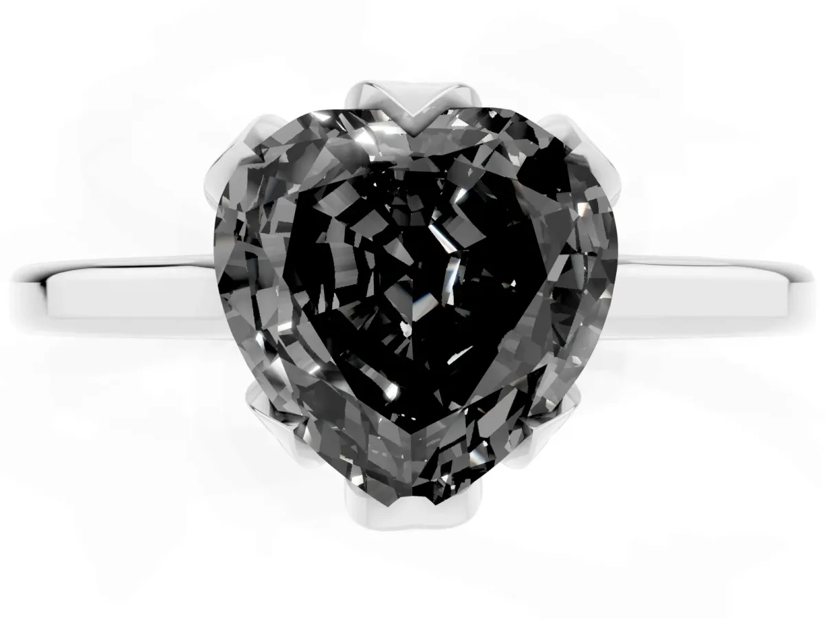Fancy Black Heart Cut Diamond Solitaire Ring with Flower Prong Setting and Classic Band Silver