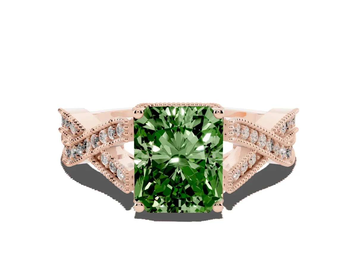 Fancy Green Radiant Cut Cut Diamond Twisted Band with Milgrain Pave Setting and Four-Prong Setting Rose gold