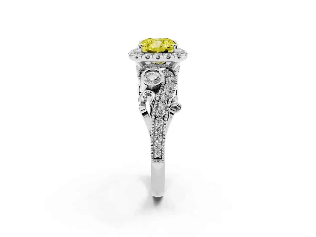 Fancy Yellow Cushion Cut Halo Diamond Ring with Milgrain and Bezel Accents on a Split Shank Band Platinum