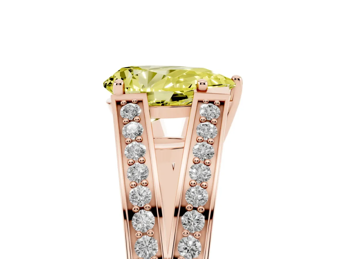Fancy Yellow Pear Cut Diamond Split Shank Ring with Pavé Band and Four-Prong Setting Rose gold